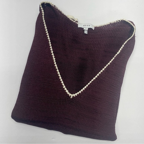 Reiss Women’s Burgundy V-Neck Sweater with white trim XL shoulder pads - Picture 13 of 15